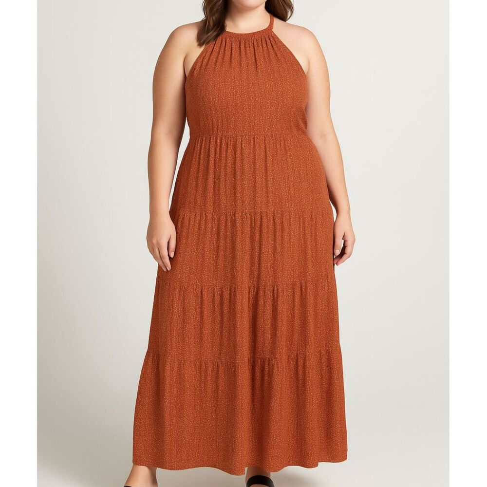 Old Navy Tiered Halter Maxi Dress Size XXL Sleeveless Orange Ditsy Cream Floral